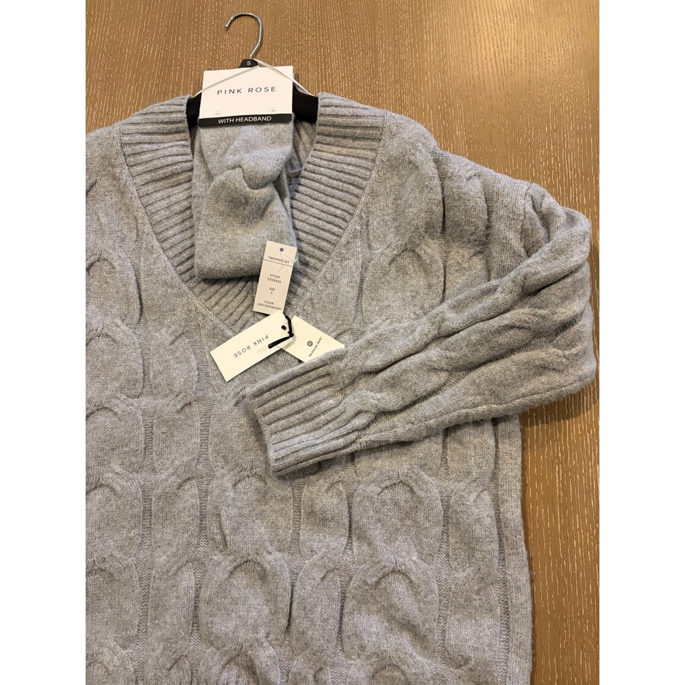 NWT Pink Rose Cable Knit V-Neck Sweater & Headband Set Gray Women's Small